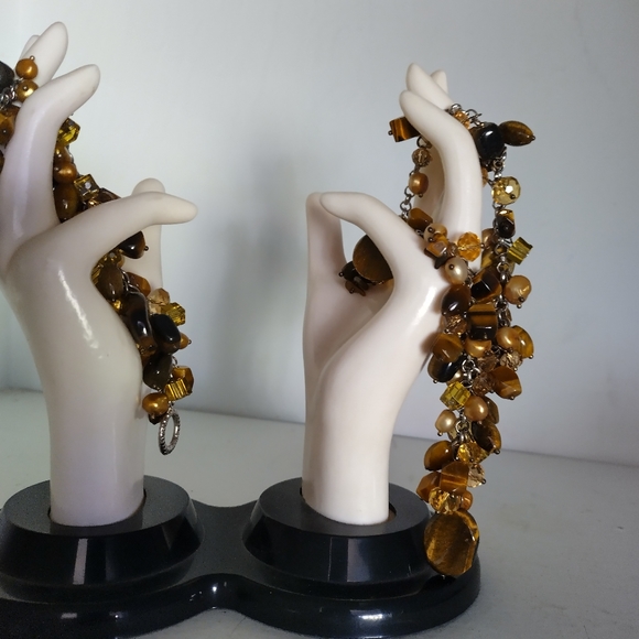 Necklace and Bracelet Set, Tiger's Eye,  champagne pearl and crystal elements - Picture 8 of 9